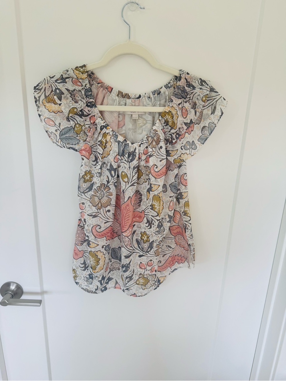 LOFT Floral Peasant Blouse - Coral, Mustard & Gray on Cream